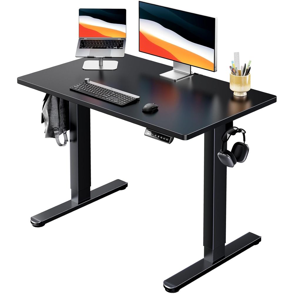 L Shaped Desk Setup - Electric Standing Desk, Whole Piece Desktop,