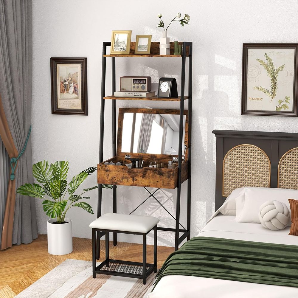 Desk Setup In Small Bedroom - Vanity Desk Set with lip-up Mirror,
