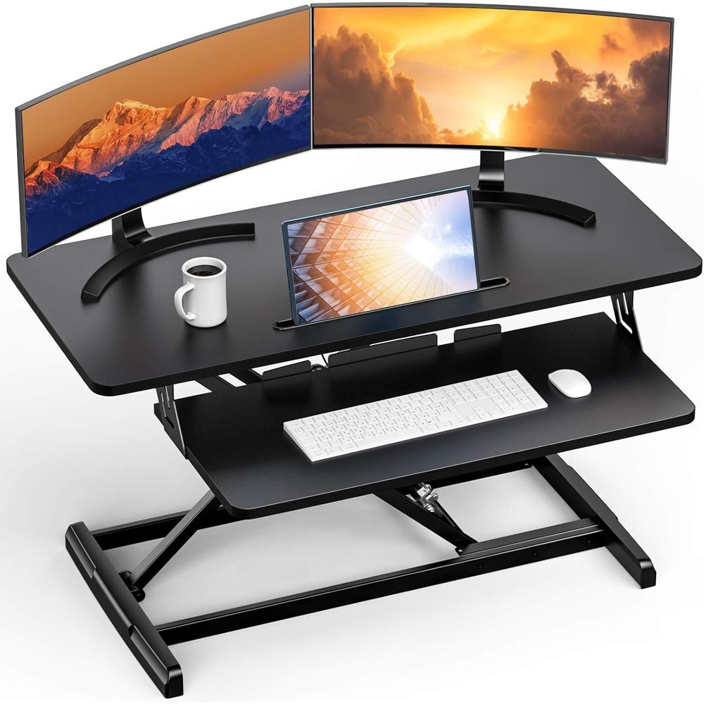 Desk Setup With Keyboard Tray - Height-Adjustable Standing Desk Converter with Removable