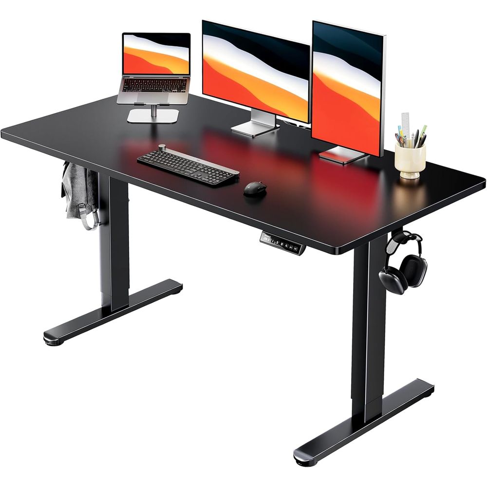 L Shaped Desk Setup - Electric Standing Desk, Whole Piece Desktop,