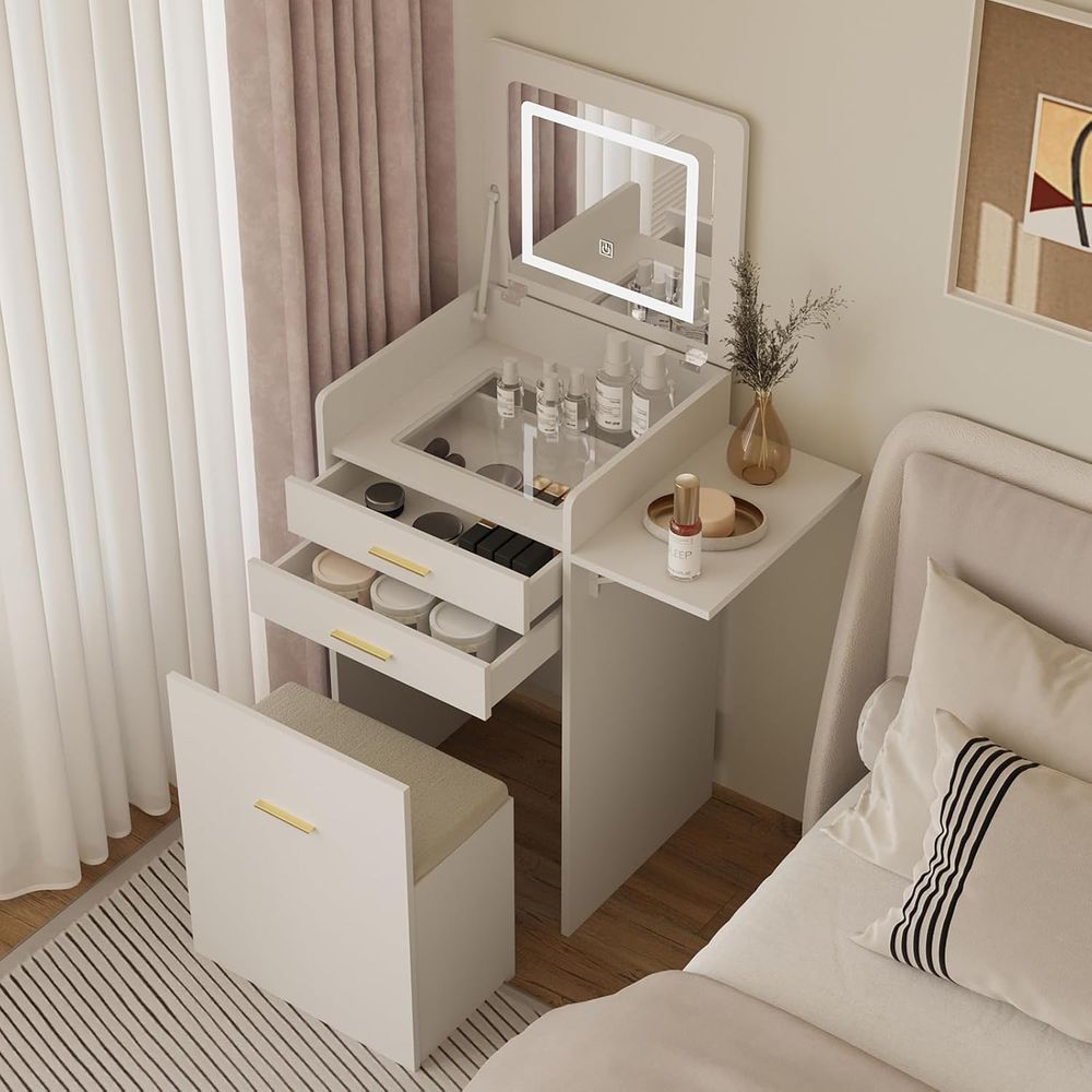Desk Setup In Small Bedroom - 3-in-1 Vanity Desk Set, Flip-top Mirror