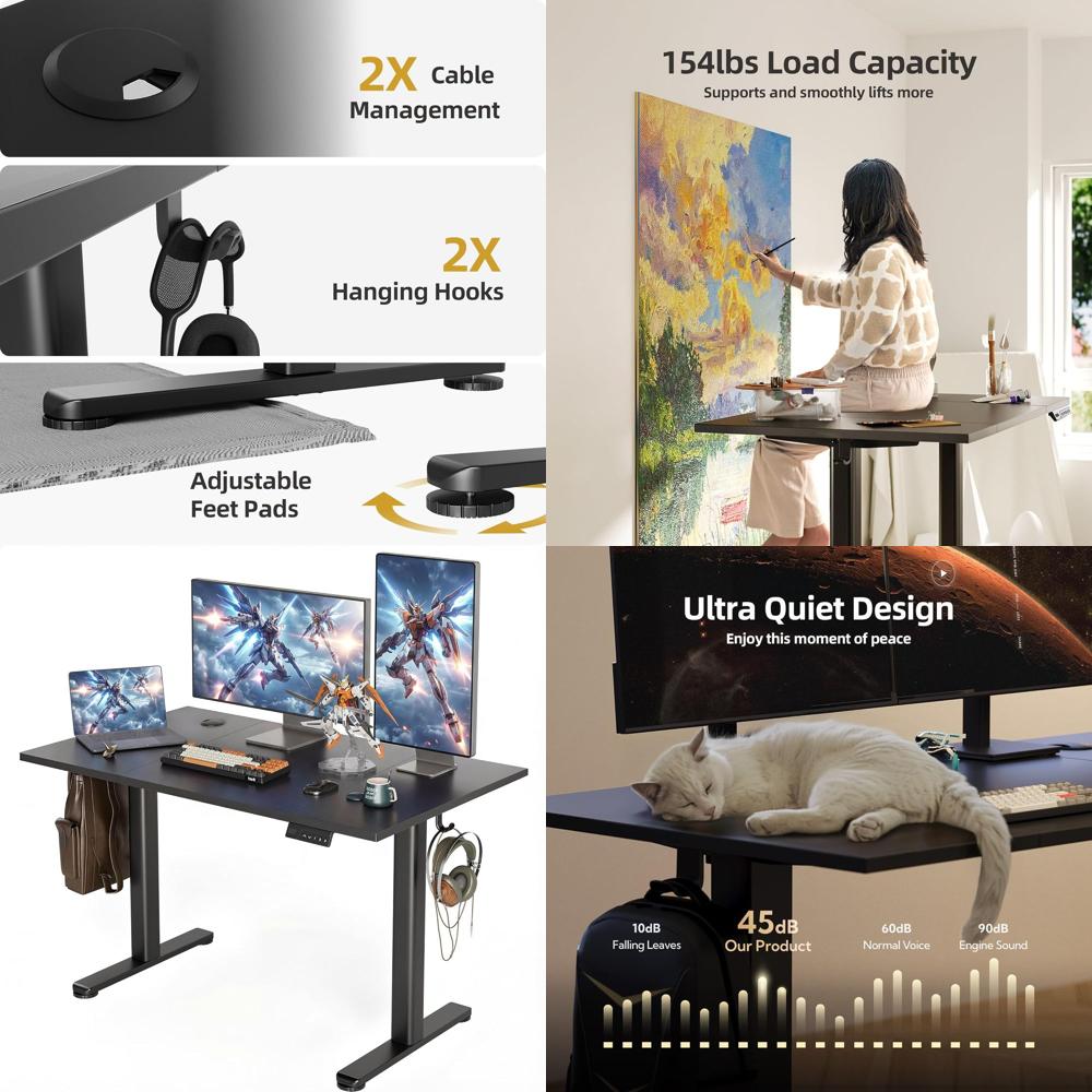 Desk Setup Black And Wood - Adjustable Height Electric Desk, 48x24 Stand-Up