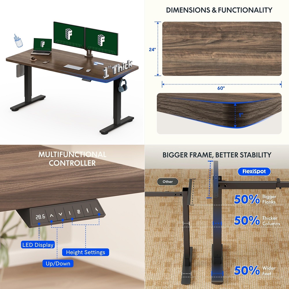 Desk Setup Office - 60x24 OnePiece Electric Standing Desk, 1