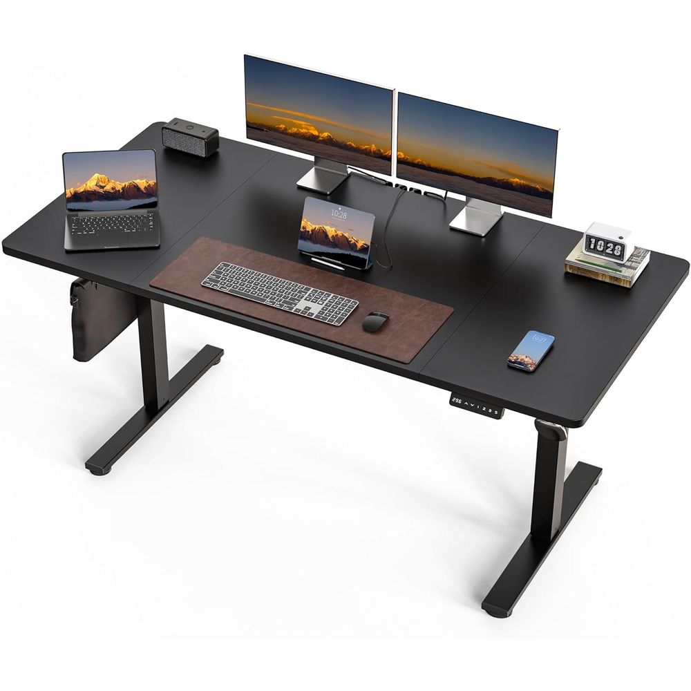 Desk Setup Black And Wood - Large 63x30 Electric Adjustable Height Desk,