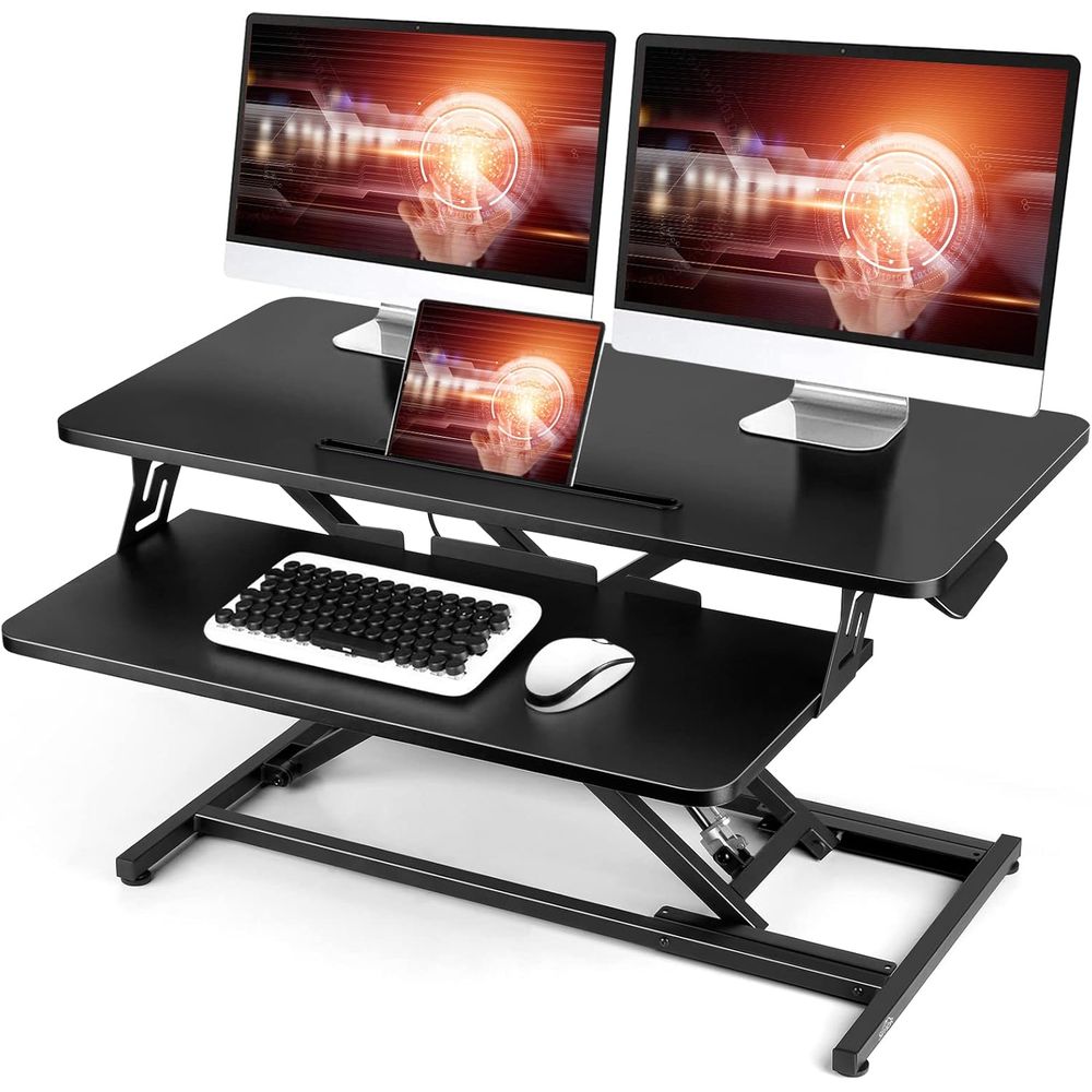Desk Setup With Keyboard Tray - 32 Adjustable Height Sit-Stand Desk Converter