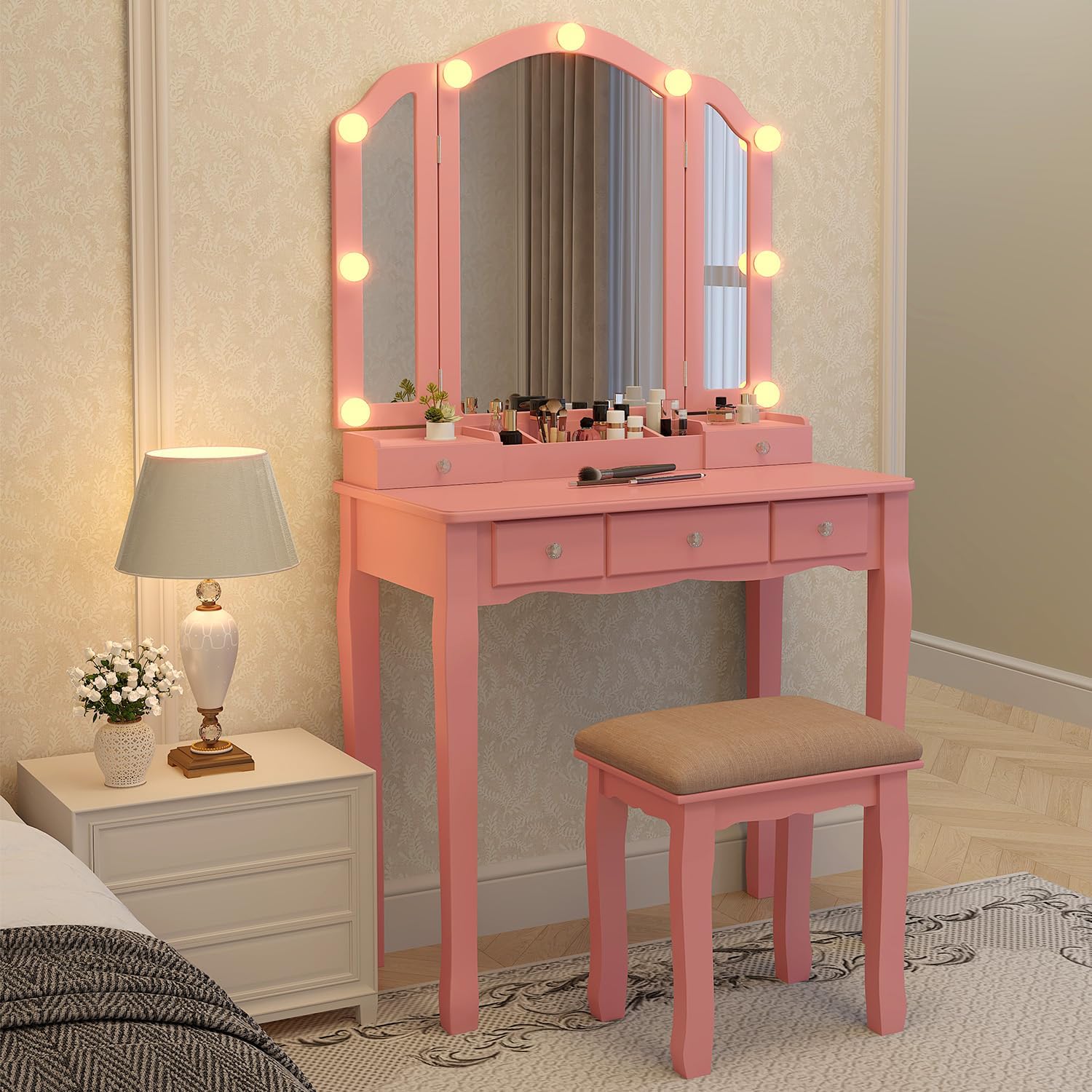 Pink Makeup Vanity Desk with M - Desk Setup Girl recensie en prijs